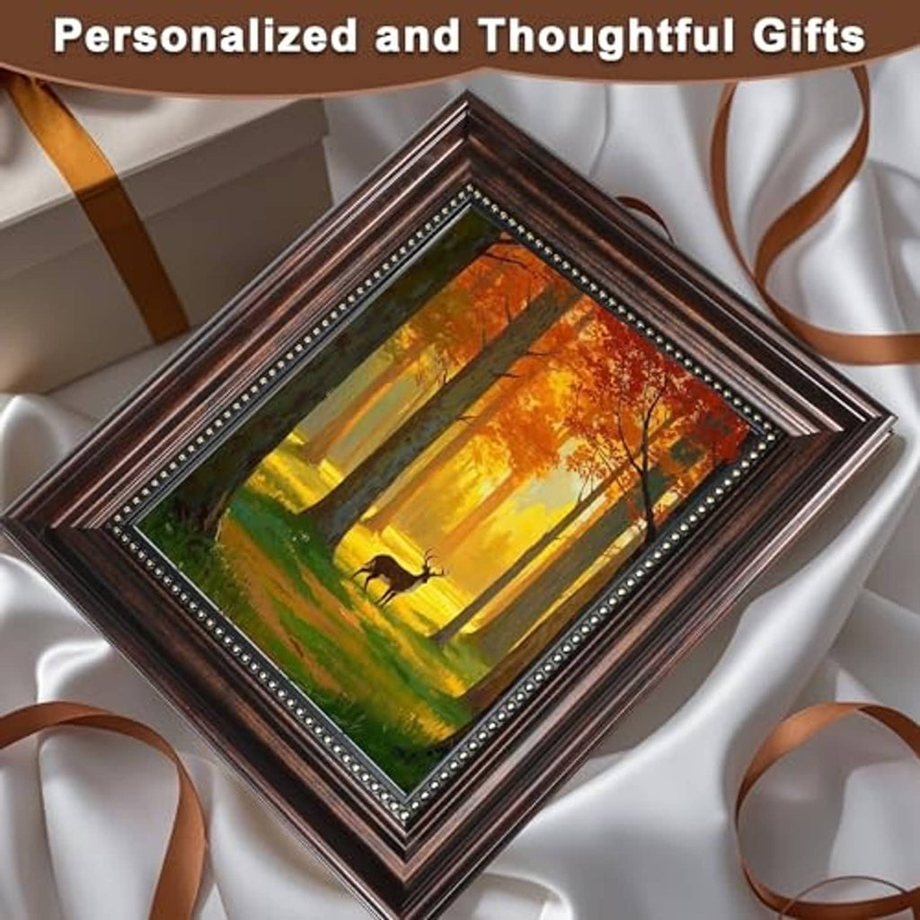 Vintage black picture frame with gold bead trim, angled display of an 8x10 nature artwork.