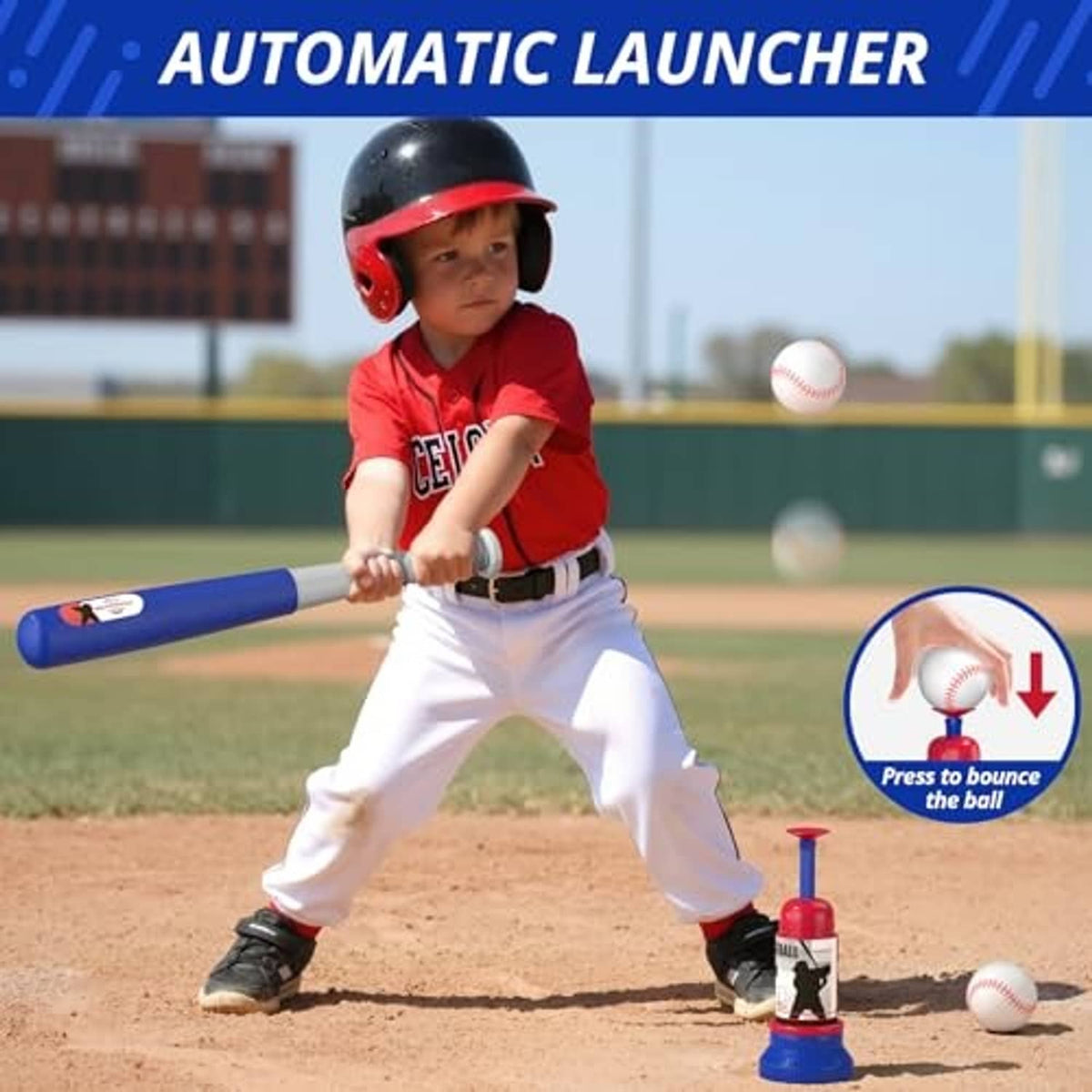Kids automatic baseball launcher tee stand, blue/red base and ball