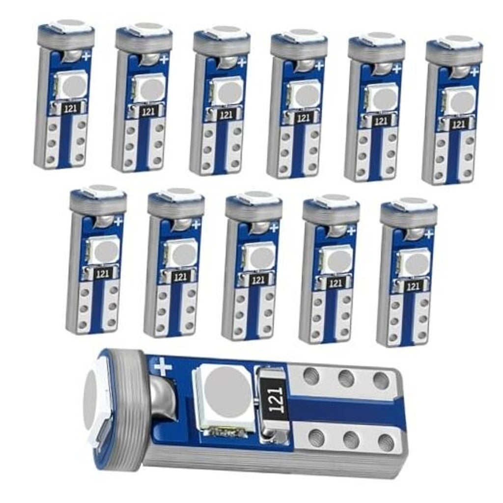 Blue T5 LED car bulbs with silver metal pins, 12-pack