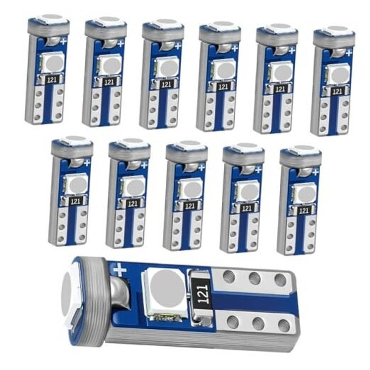Blue T5 LED car bulbs with silver metal pins, 12-pack