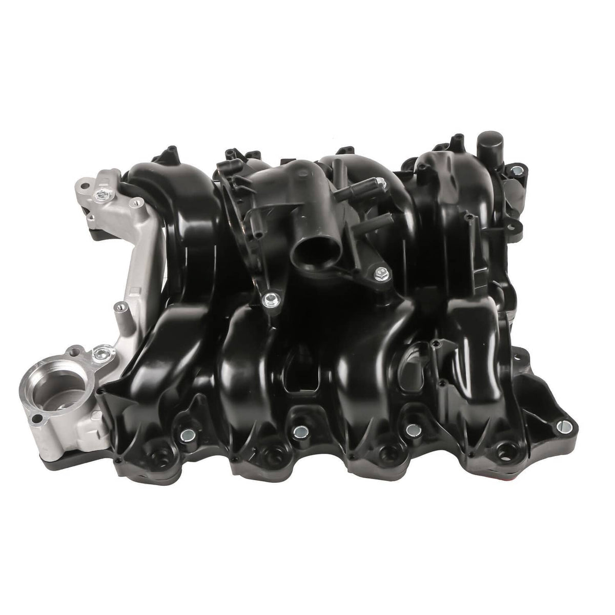 Engine intake manifold front view with port openings and black molded intake runners