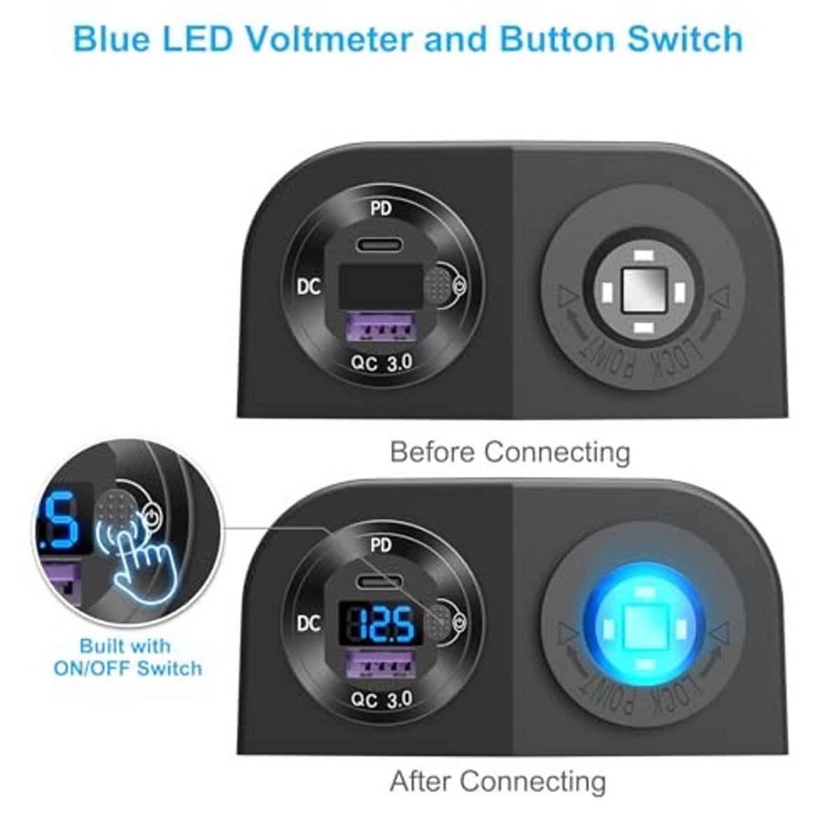 Black 12V USB charger with blue LED voltmeter and built-in on/off button switch