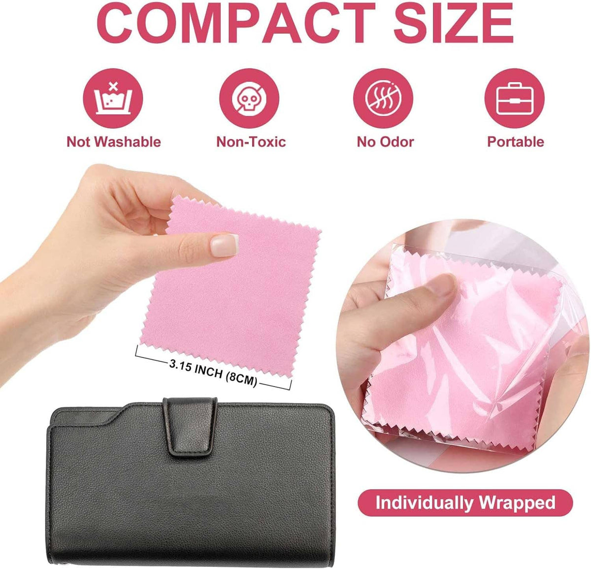 Pink compact jewelry cleaning cloth held in hand, small triangle piece