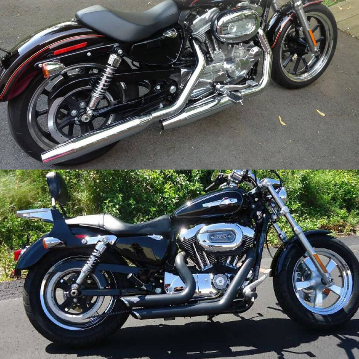 Rear suspension shock absorbers installed on a black motorcycle with chrome coil springs
