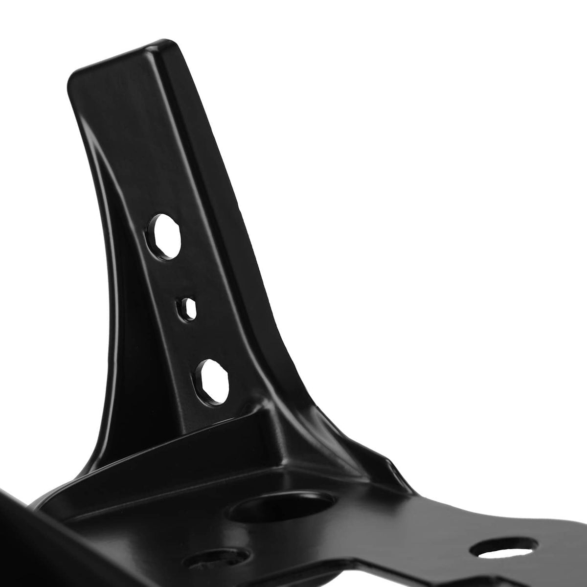 Close-up of black front fairing stay bracket with bolt holes and mounting tabs