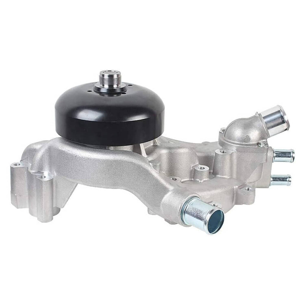 Water pump with thermostat, silver housing with black cap and side coolant fittings