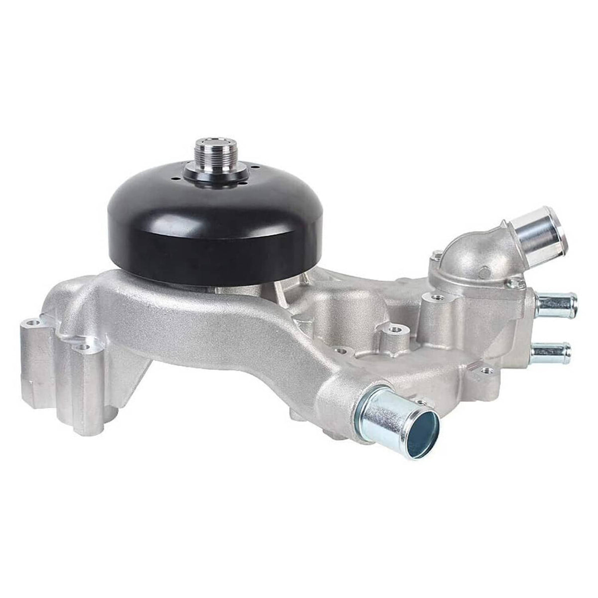 Water pump with thermostat, silver housing with black cap and side coolant fittings