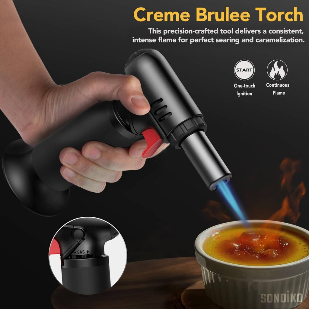 Butane creme brulee torch with blue flame, handheld with red safety lever