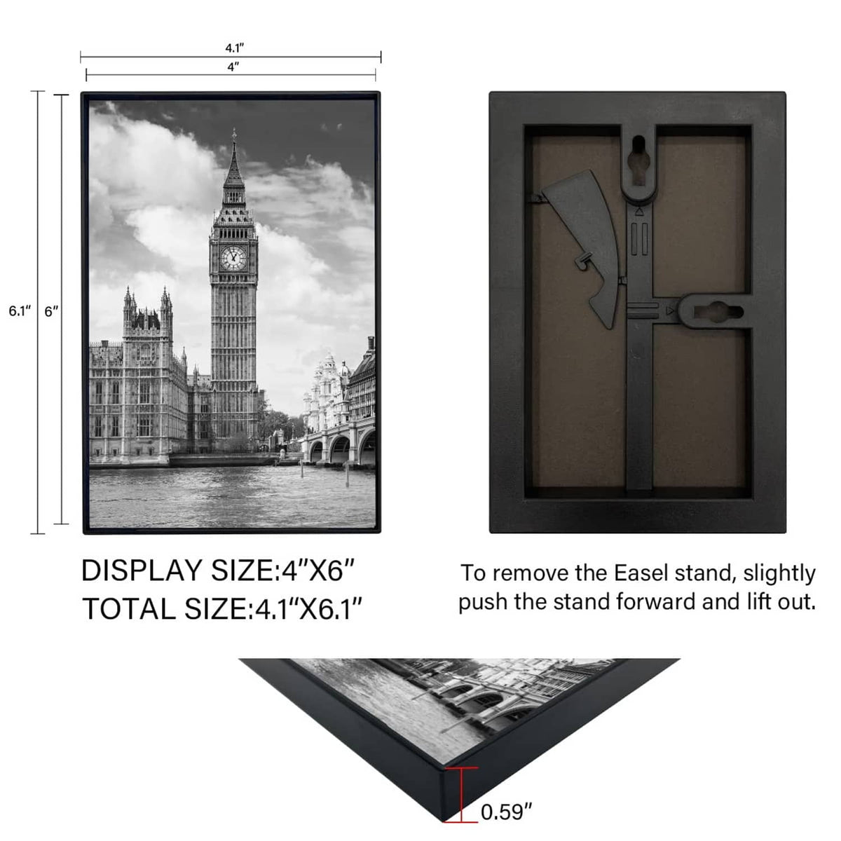 Black 4x6 photo frame with tabletop easel back and hanging orientation support