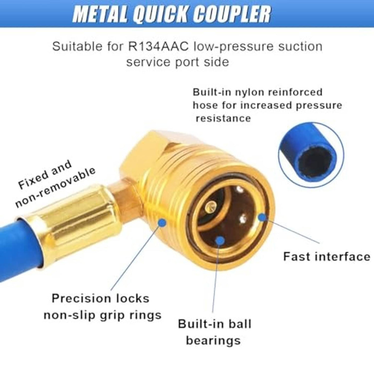 Metal quick coupler connector with blue hose and gold fittings for R134A service