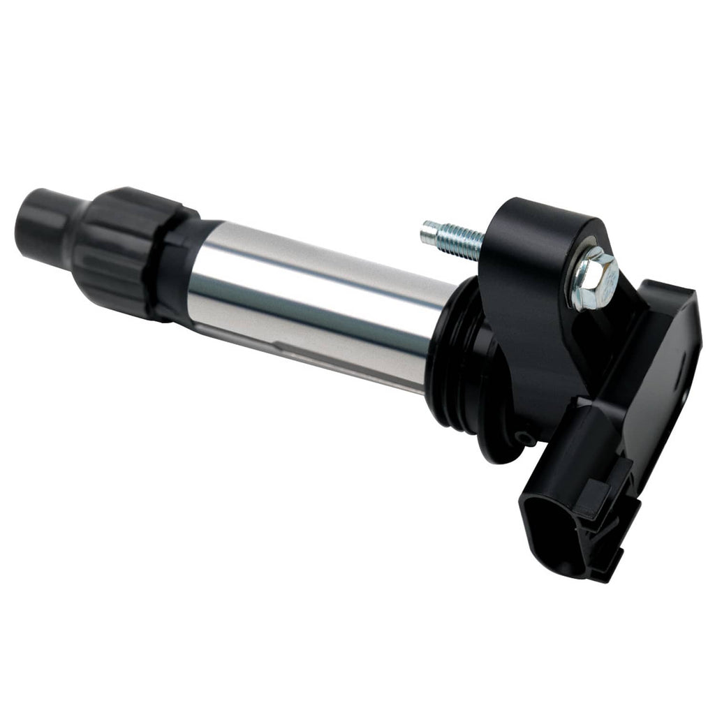 Ignition coil pack with silver rod, black cap, and mounting screw connector