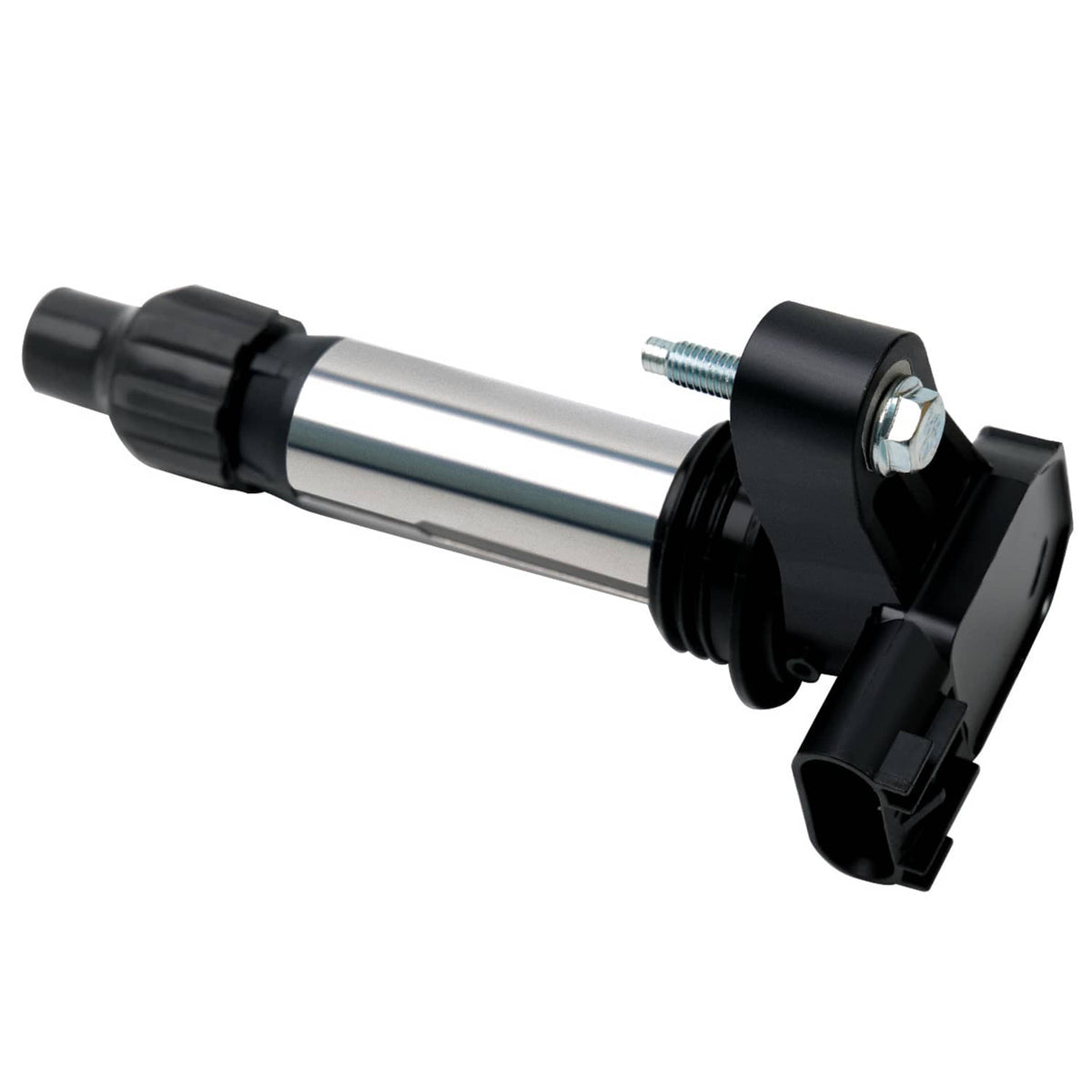 Ignition coil pack with silver rod, black cap, and mounting screw connector
