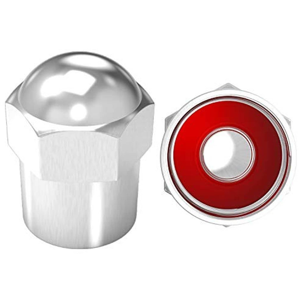 Chrome tire valve stem cap pair: one plain silver cap and one red seal cap