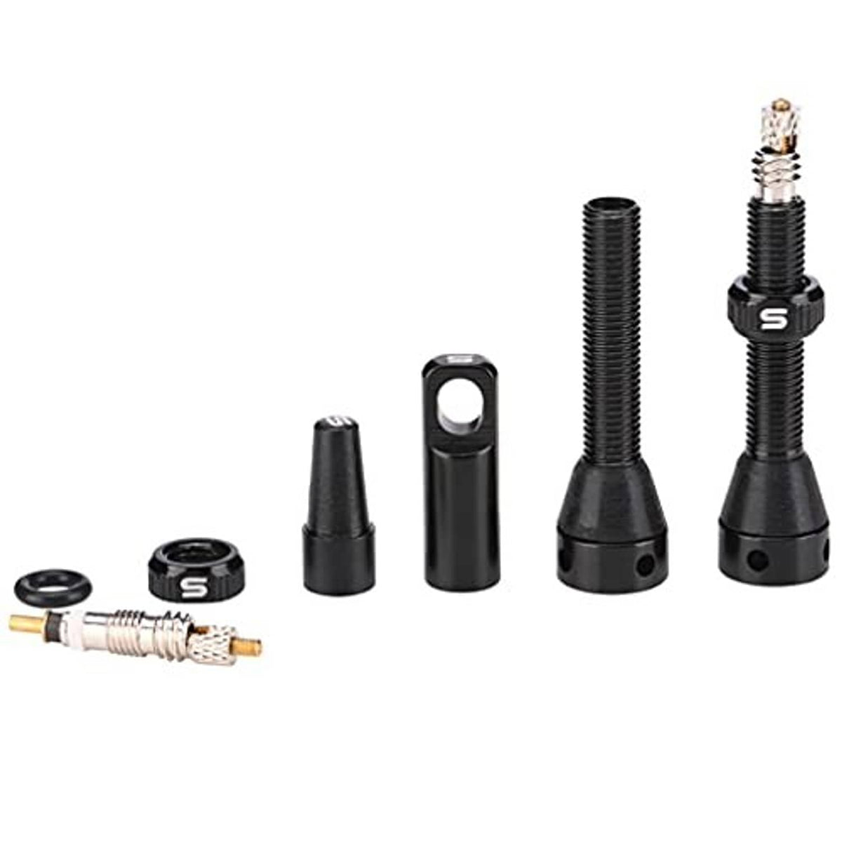 Tubeless valve stems set with two installed stems, small parts, and one loose valve core