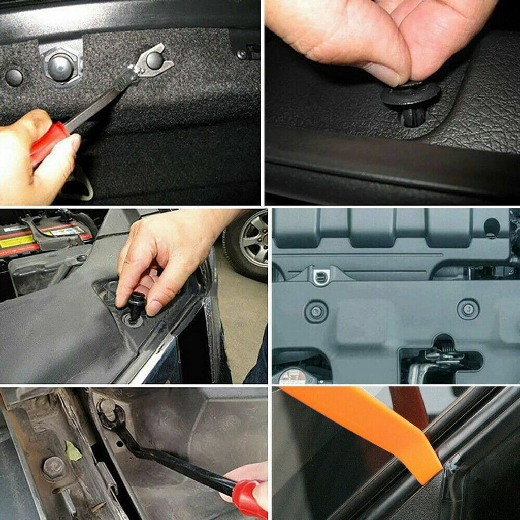 Car retainer clip removal and installation tools with pry hook and insertion tip