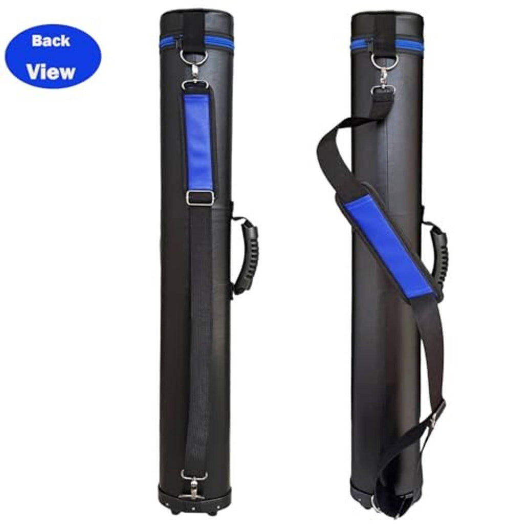 Black pool cue case with blue strap accents, back view with metal rings