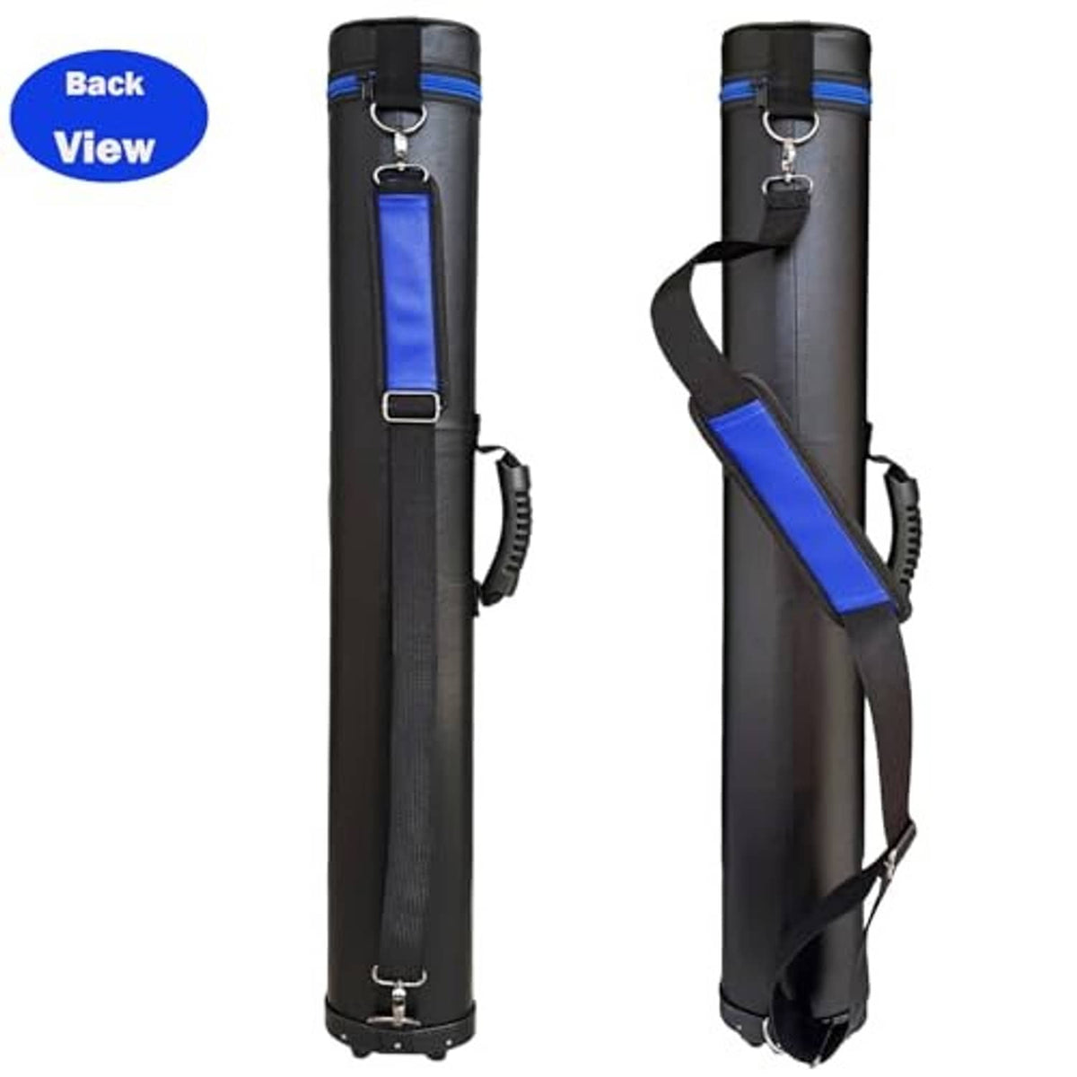 Black pool cue case with blue strap accents, back view with metal rings