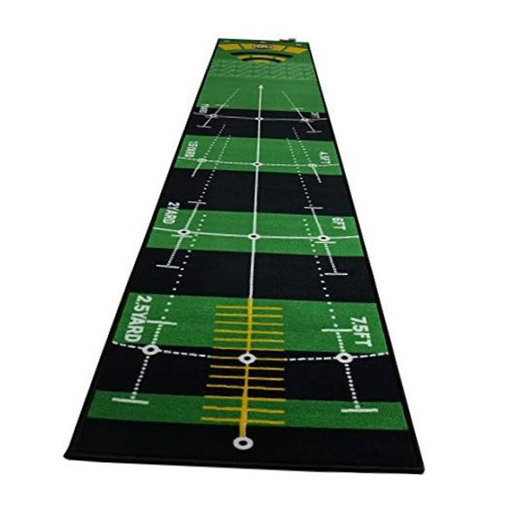 Golf putting practice mat with green and black surface, alignment lines, and distance markers