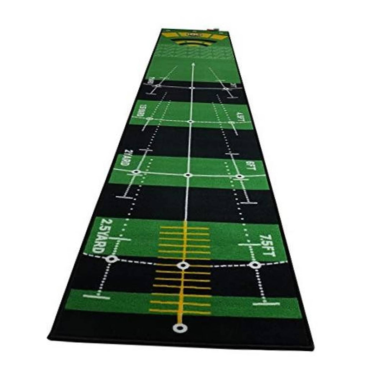 Golf putting practice mat with green and black surface, alignment lines, and distance markers