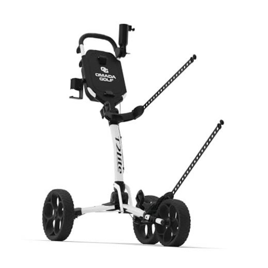 White and black lightweight folding golf push cart with handle and four-wheel frame