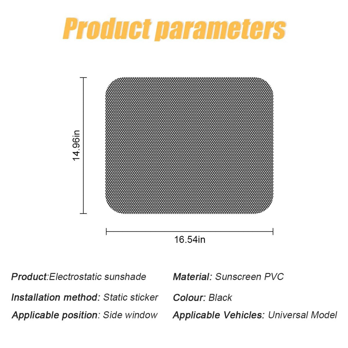 Black static cling side window sunshade film, rectangular mesh pattern, 14.1 in x 16.5 in