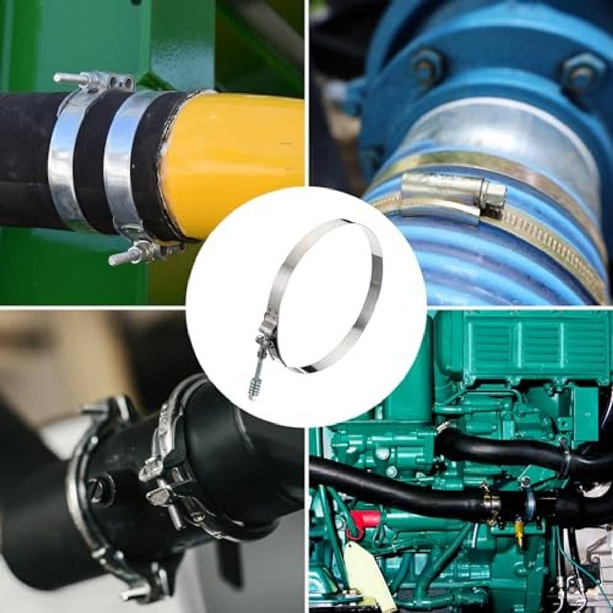 Stainless steel T-bolt hose clamp shown on a connected rubber hose in machinery