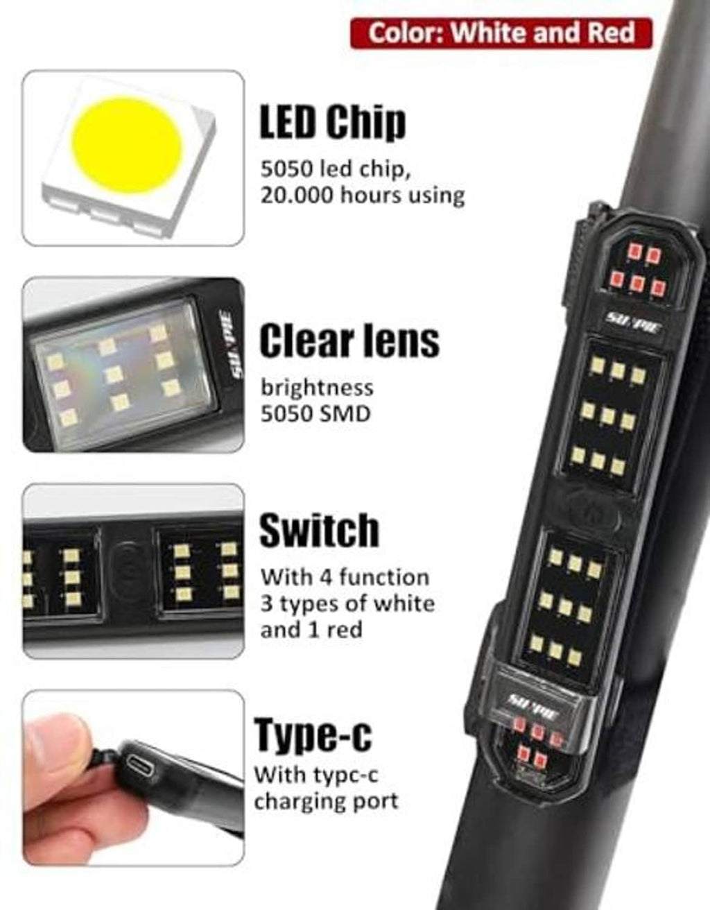 Battery LED light bar with clear lens, black housing, USB Type-C charging port