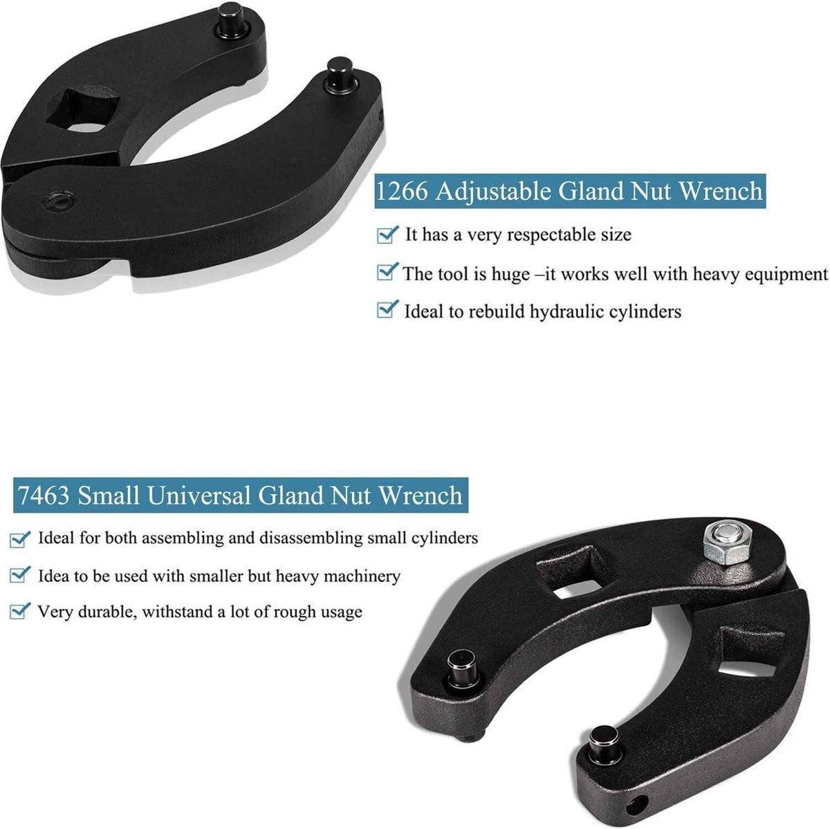 Adjustable gland nut wrench with black steel arms, circular pin holes, and top hex bolt