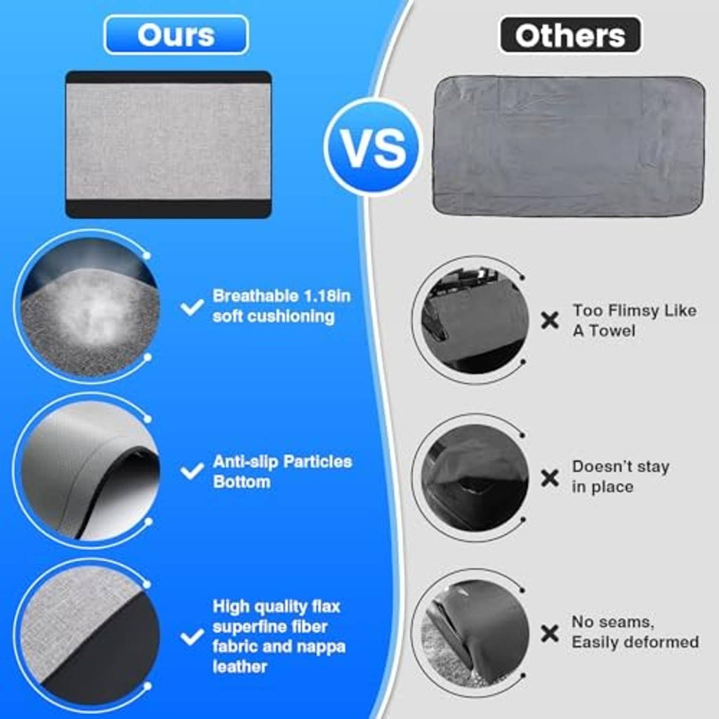 Golf cart seat cover fabric comparison graphic: ours gray vs others thinner cover