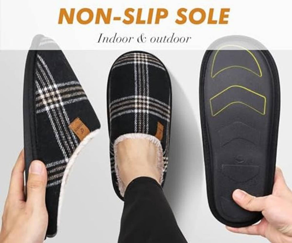 Black plaid scuff slippers with plush lining and textured non-slip sole