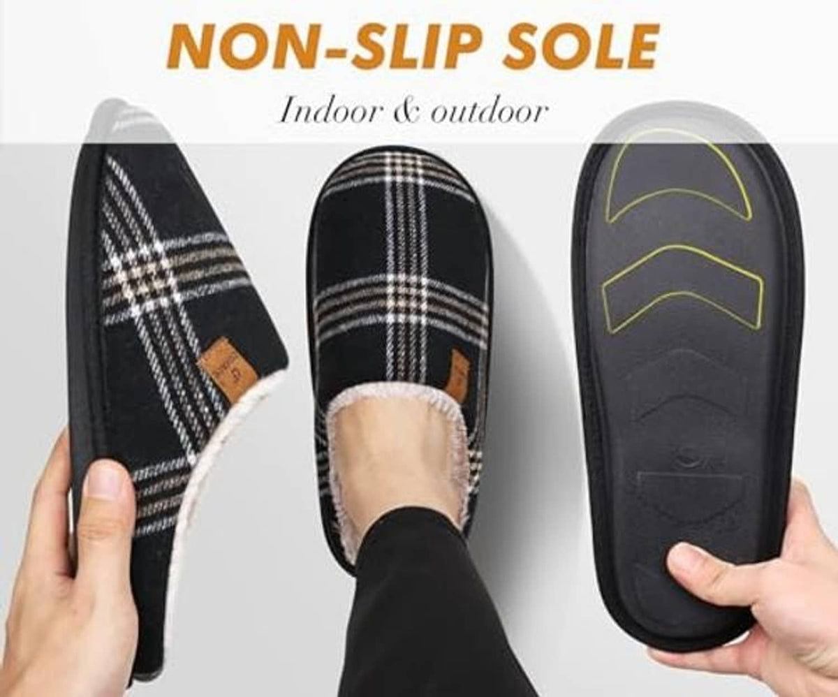 Black plaid scuff slippers with plush lining and textured non-slip sole