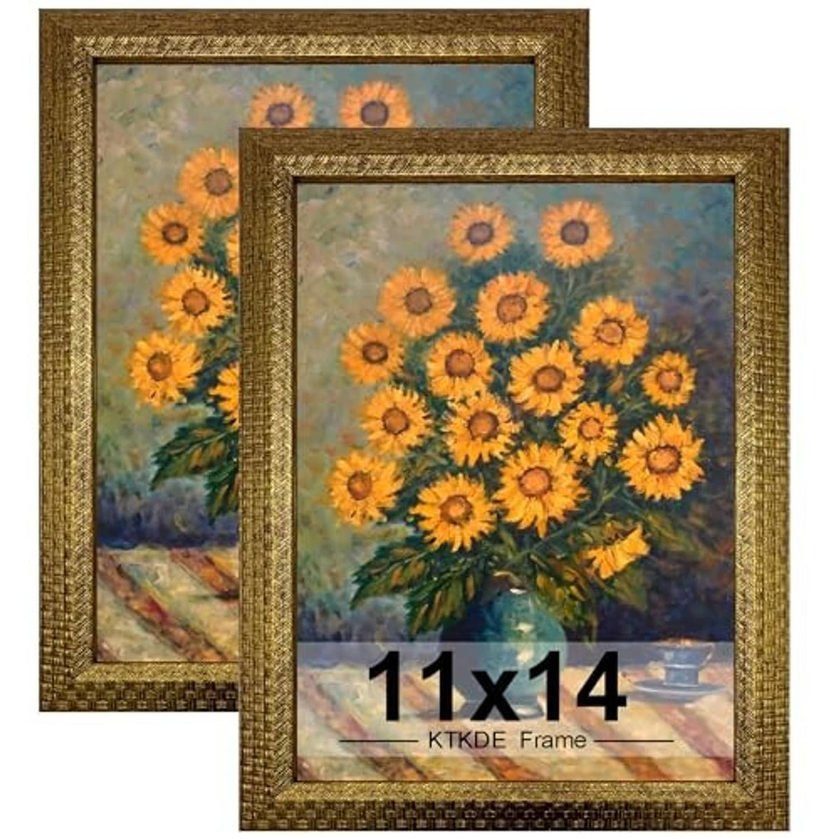Ornate vintage gold 11x14 photo frame set of 2 showing sunflower artwork inserts
