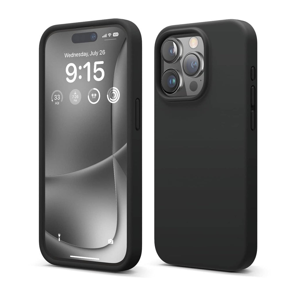 Dark silicone iPhone case for full coverage, camera cutout, and side button openings
