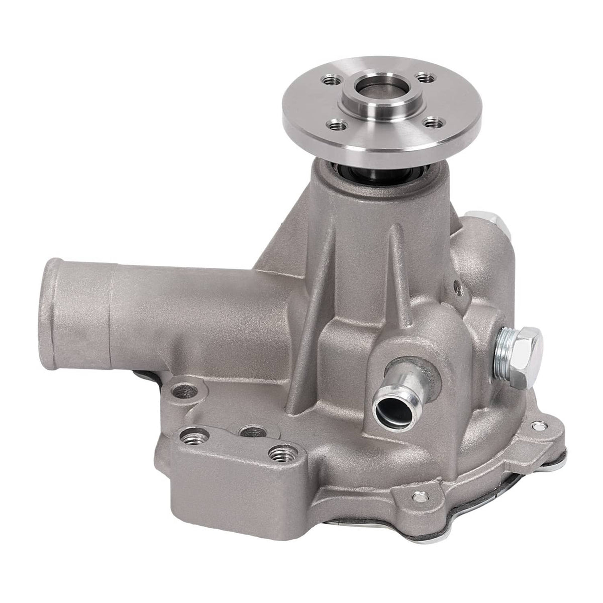Water pump assembly with pulley hub and side outlet, silver metal finish