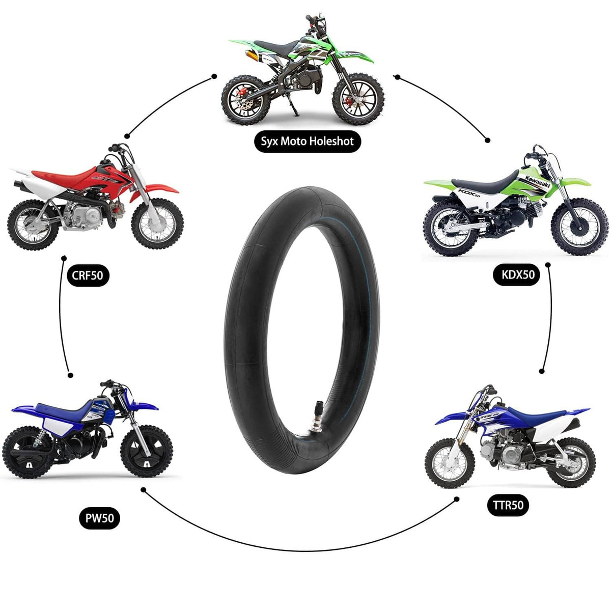 Motorcycle inner tube replacement, straight valve stem, black tire tube with blue trim