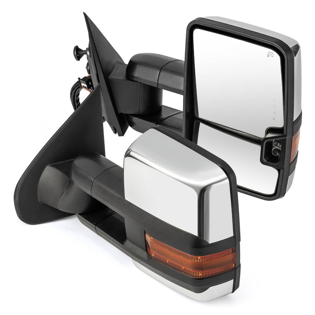 Heated tow mirror pair with silver mirror caps and amber LED turn-signal and indicator lights