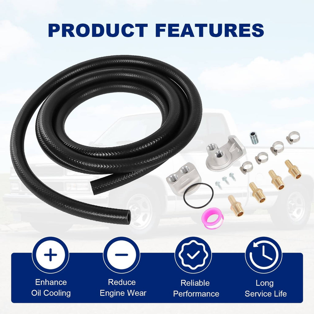 Oil filter kit components: coiled black hoses, filter adapter housing, O-ring, clamps