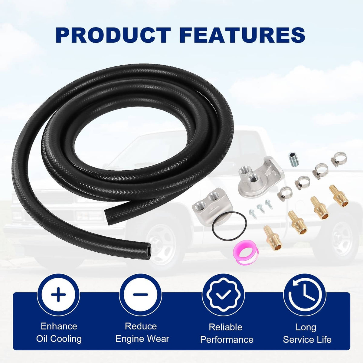Oil filter kit components: coiled black hoses, filter adapter housing, O-ring, clamps
