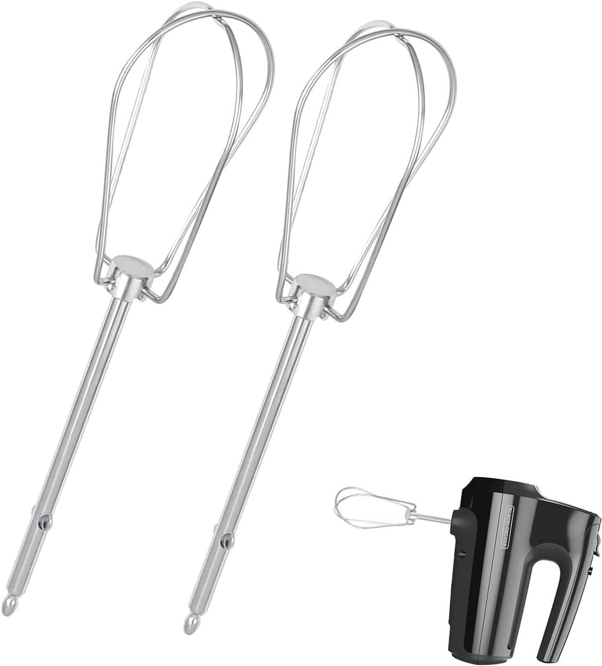 Pair of stainless steel hand mixer beaters with wire loops and attachment ends