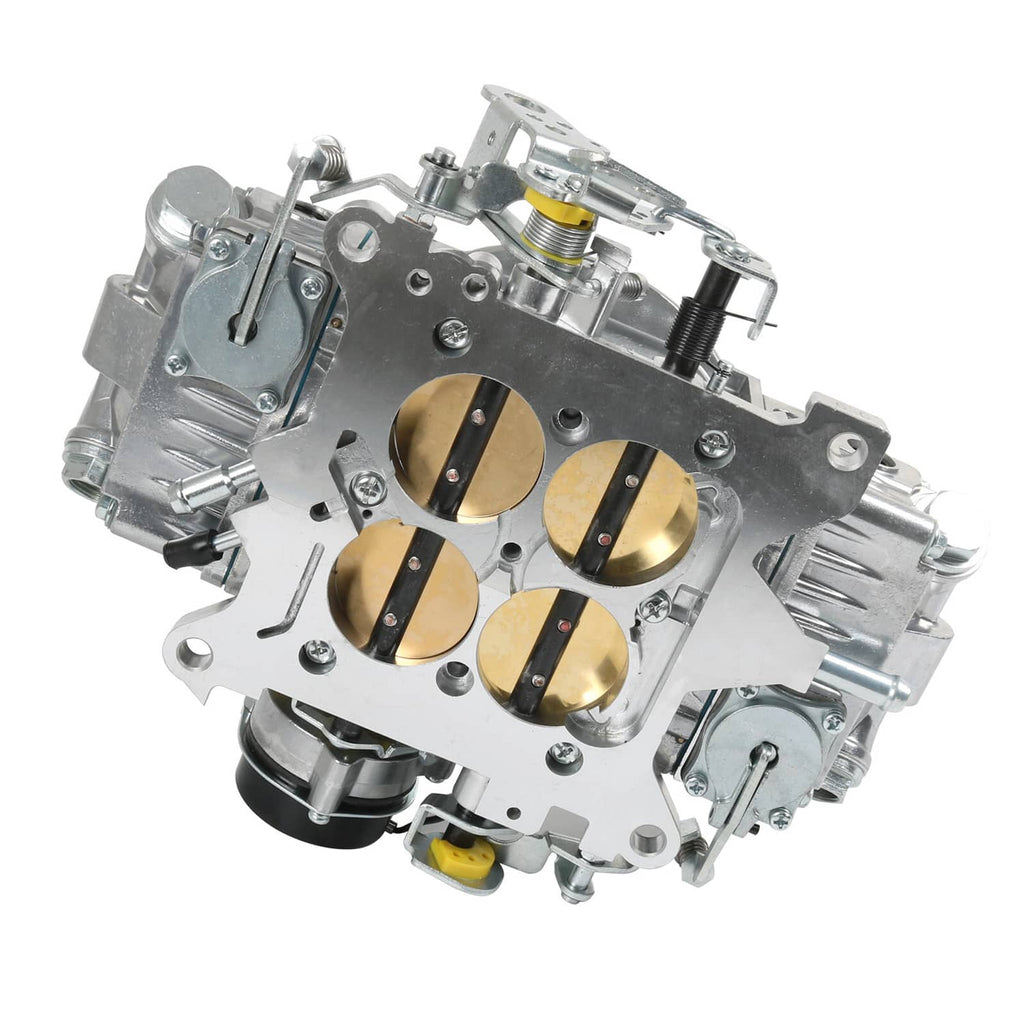Angled view of 4-barrel carburetor with four gold throttle bores and linkages