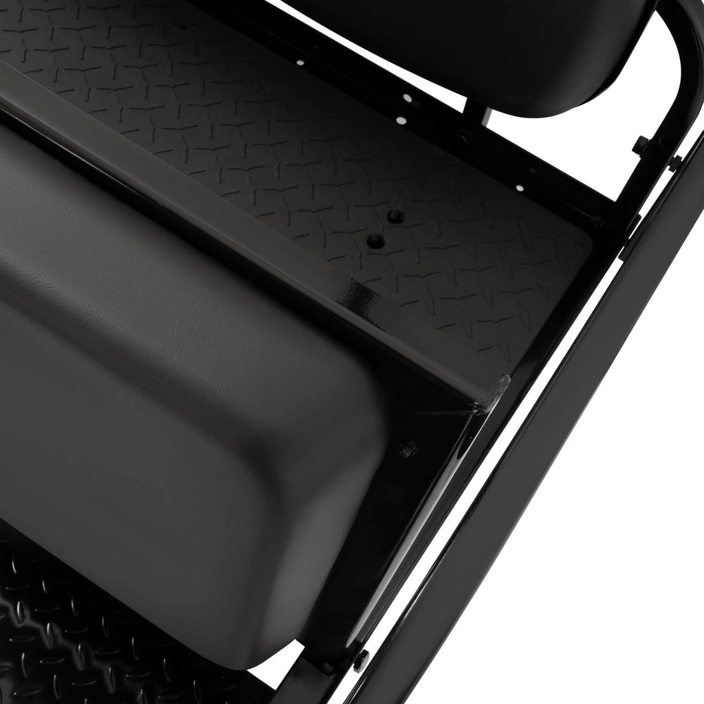 Black flip seat base and metal frame with textured surface, close-up
