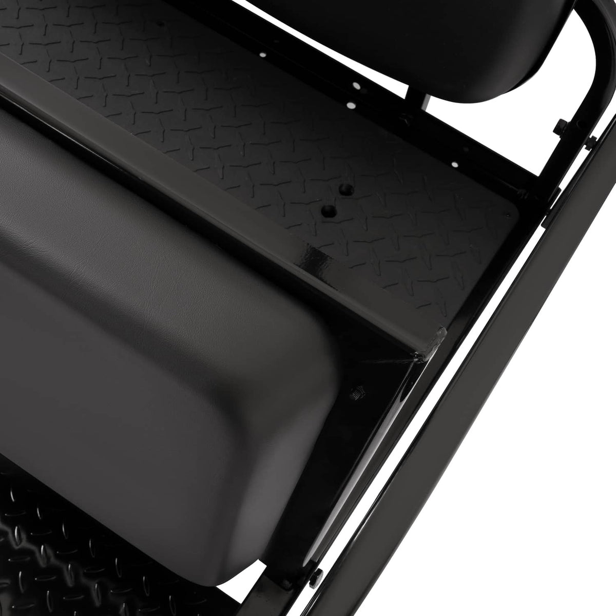 Black flip seat base and metal frame with textured surface, close-up