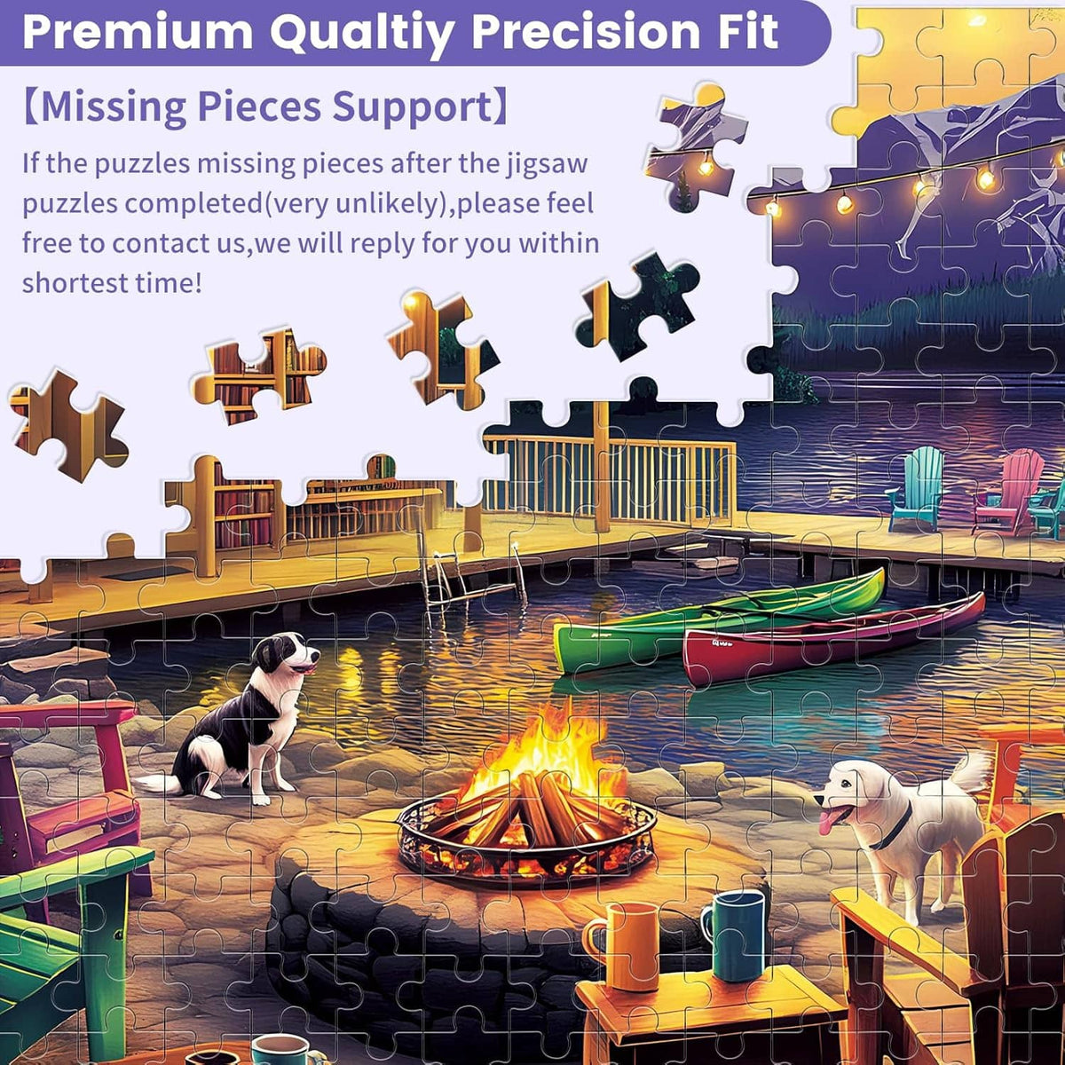 Jigsaw puzzle scene with separated pieces over lakeside campfire image with dog and boats