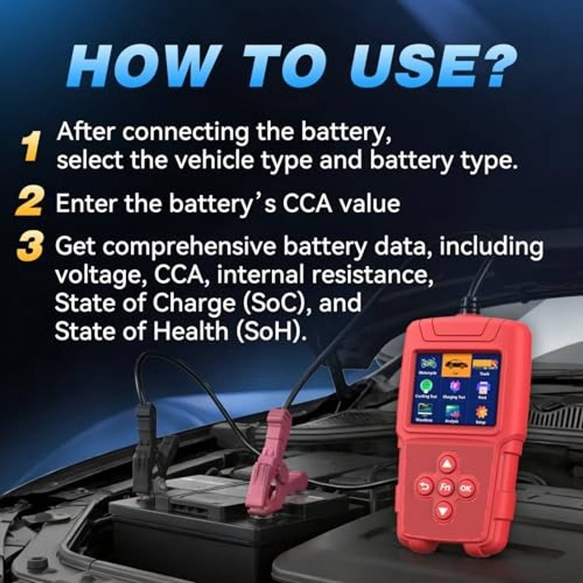 Red battery tester connected to a vehicle battery with test leads and clamps