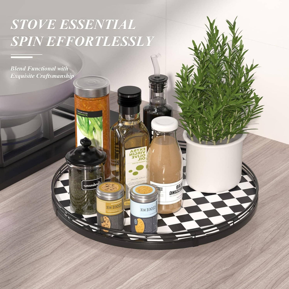 Round checkered lazy susan turntable with bottles, jars, and a white planter of herbs