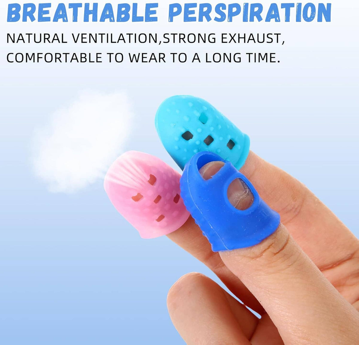 Breathable silicone finger guards with oval holes on fingers in pink and blue