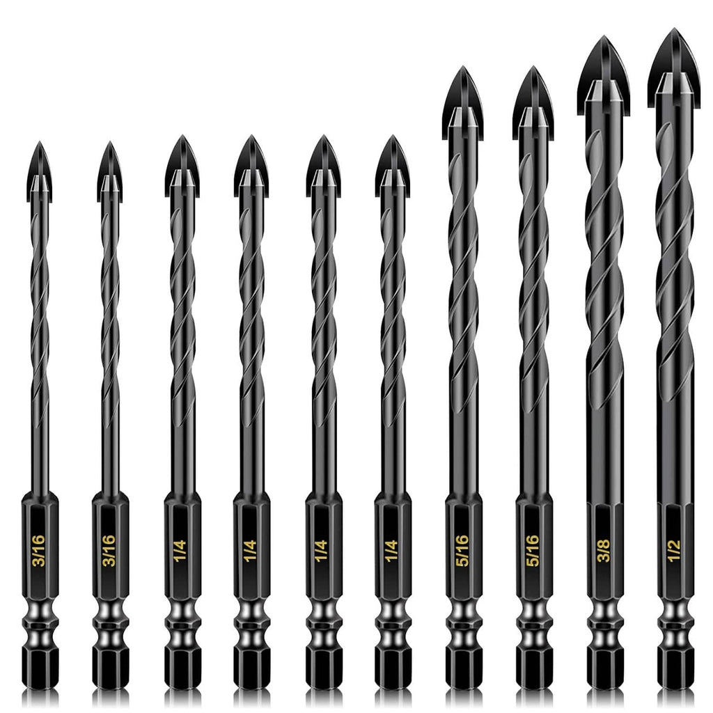 Row of masonry drill bits with black spiral flutes and silver shanks, assorted sizes
