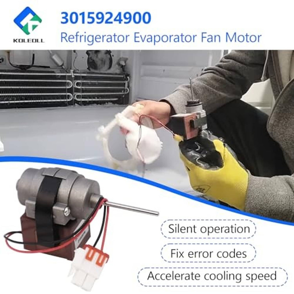 Refrigerator evaporator fan motor installed with white plugs and red wire leads