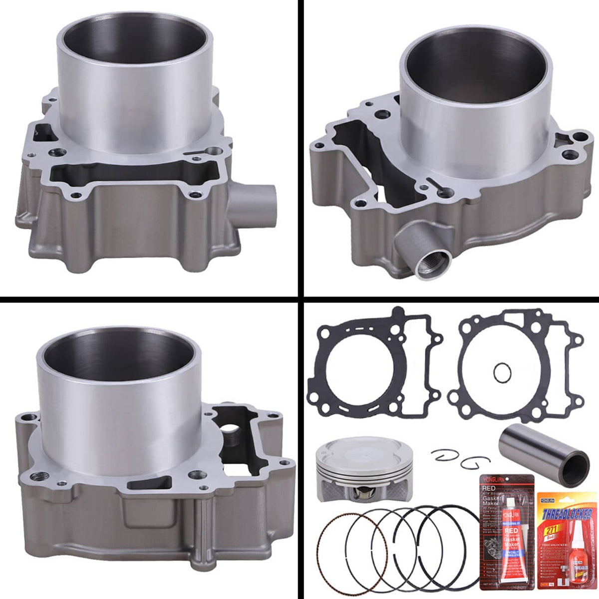 Cylinder piston top end kit showing cylinder halves, piston, rings, and gasket plates
