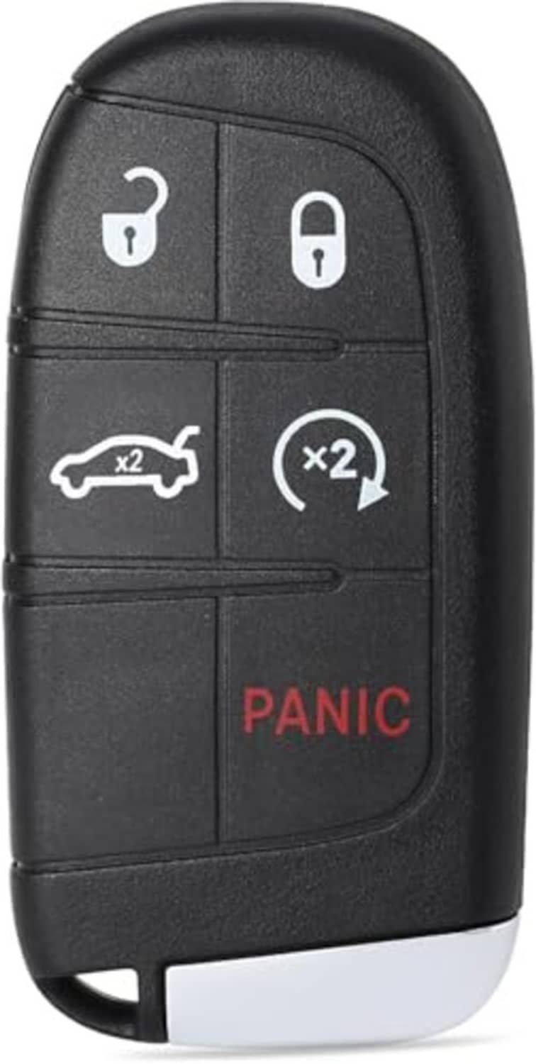 Close-up of black car key fob showing lock, unlock, remote start, and red panic button